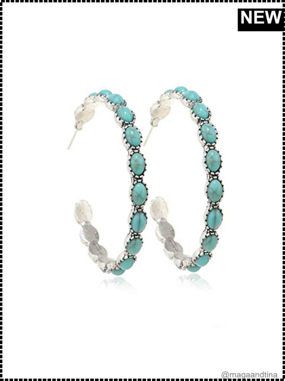 Turquoise Oval Drop Dangle Earrings Beaded Vintage Ethnic Alloy Pendant
